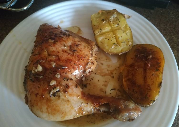 Pollo a la cerveza con patatas asadas