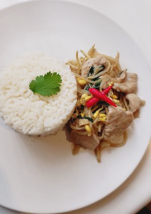 รูปของ ผัดถั่วงอกหมูนุ่ม Stir fry bean sprout😁