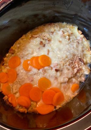 A picture of Crockpot Chicken and stuffing.