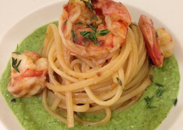 Linguine con due creme e gamberi marinati