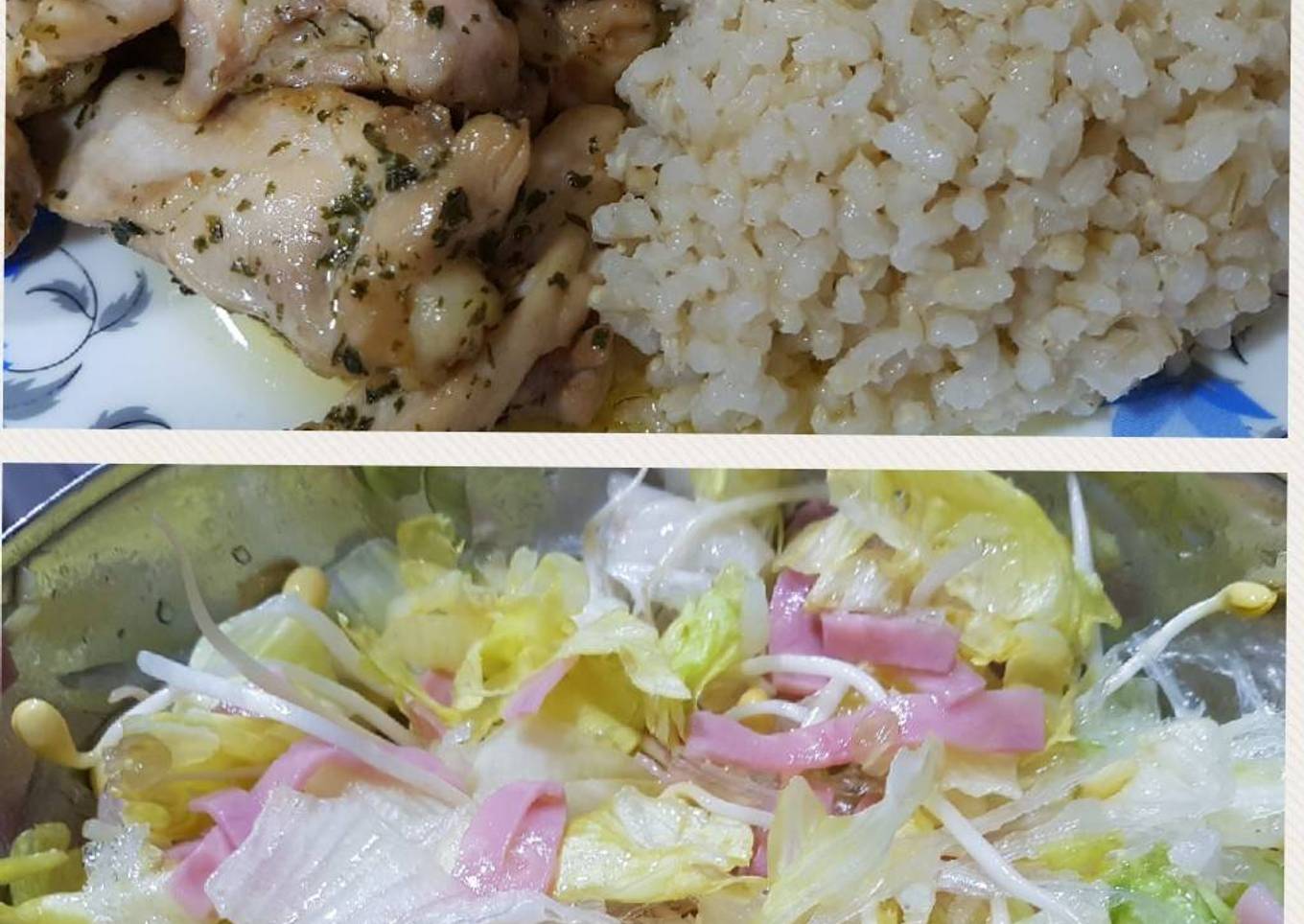 Tiras de contramuslo de pollo, arroz integral y ensalada china😋