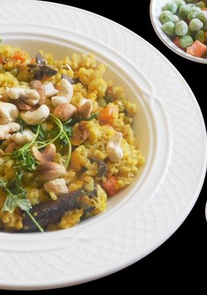A picture of Pulao with Sprouted Basmati Rice, Coconut Milk and Vegetables.