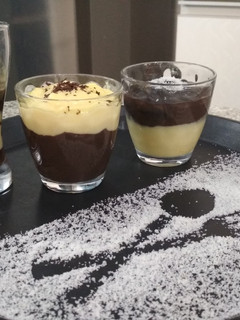 A picture of Chocolate-Vanilla Pudding Shots.