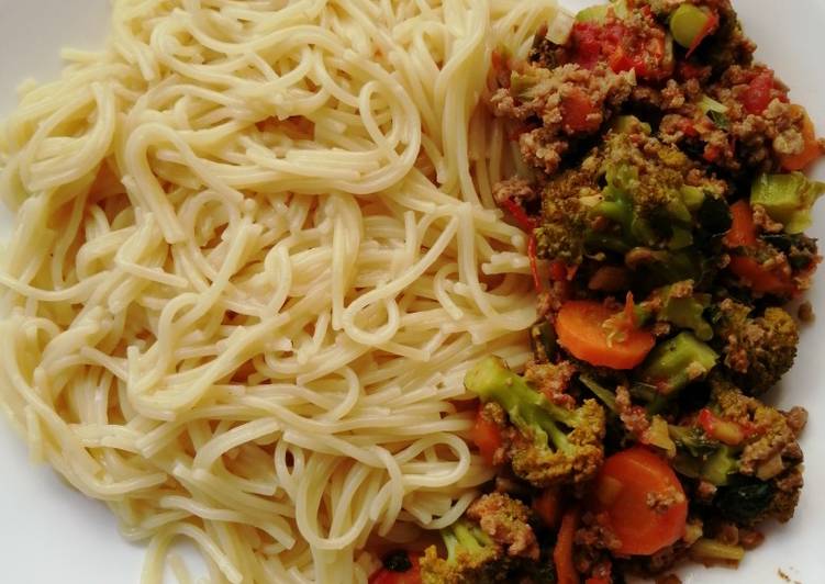 Broccoli stir fry and spaghetti