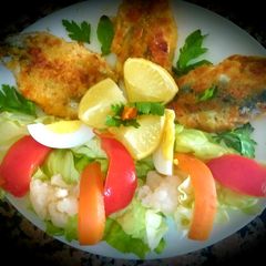 A picture of Sardine fritters with green salad.