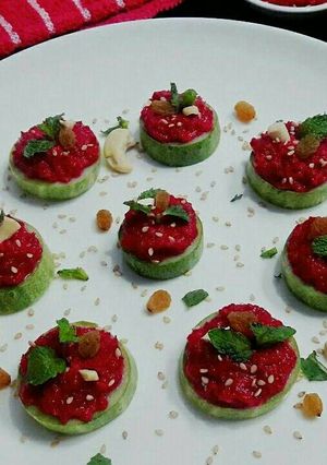 A picture of Beetroot Hummus Cucumber Canape.