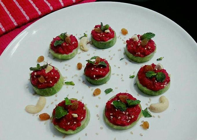 Beetroot Hummus Cucumber Canape Recipe by Prabhleen Kaur - Cookpad