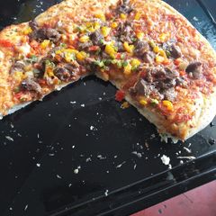Vegetable and meat pizza A picture of Vegetable and meat pizza.
