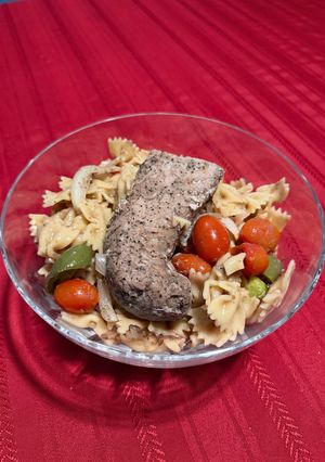 A picture of Peppercorn Pork Loin and Pasta.