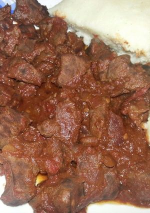 A picture of Stewed liver with ugali.
