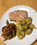 Curry Potatoes, sweet chilli stir fry with salmon