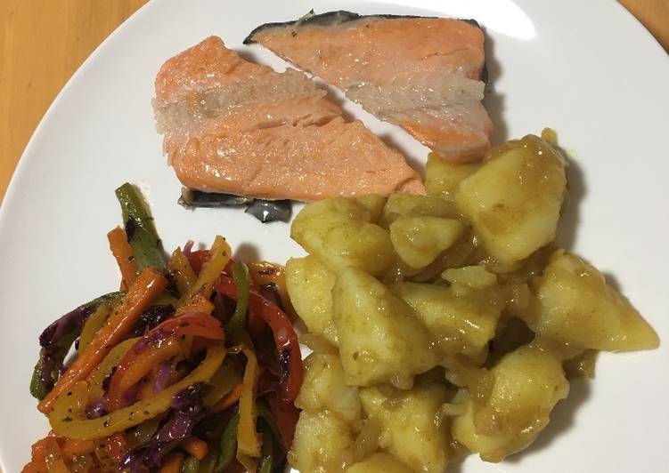 Curry Potatoes, sweet chilli stir fry with salmon