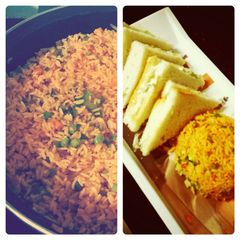 A picture of Veg. Schezwan Fried Rice with Veg. Coleslaw Sandwich.