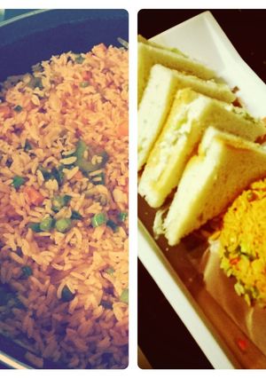 A picture of Veg. Schezwan Fried Rice with Veg. Coleslaw Sandwich.