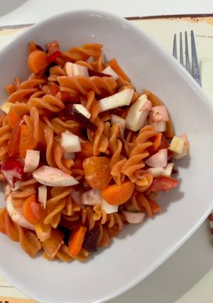 A picture of Lentil Pasta Salad with Vegetables 🍅🥕🔮🥬🌱.