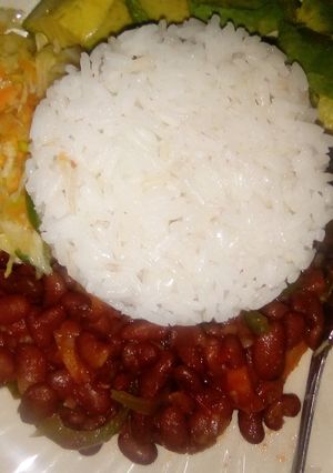 A picture of Beans stew with rice,cabbage.