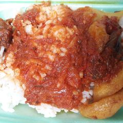 A picture of Rice and stew with fried dodo.