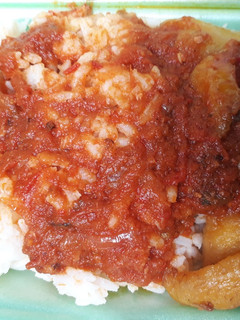 A picture of Rice and stew with fried dodo.