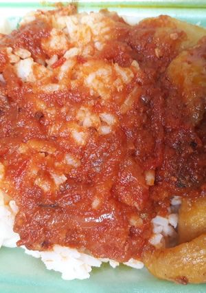 A picture of Rice and stew with fried dodo.