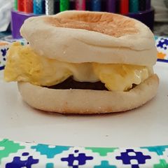 A picture of Saugage, Egg, and cheese muffin.