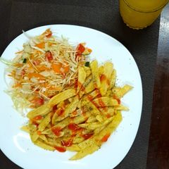 A picture of Home made chips n freshly made salads #EndofyearChallenge.