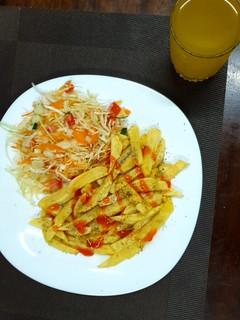 A picture of Home made chips n freshly made salads #EndofyearChallenge.