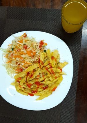 A picture of Home made chips n freshly made salads #EndofyearChallenge.