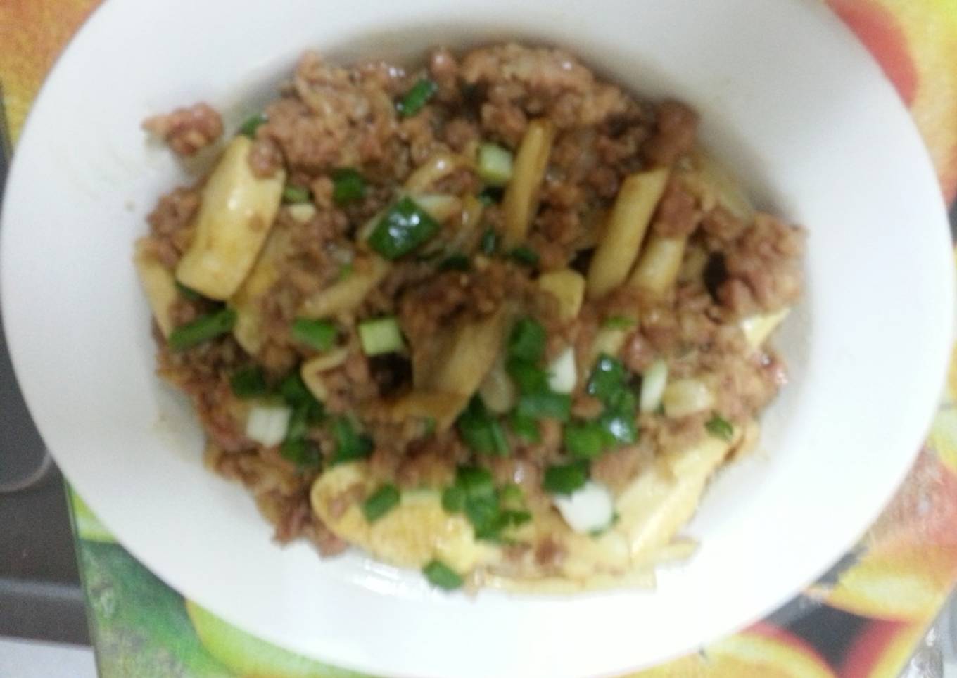 Daging babi giling oseng jamur,tahu