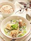 Sup Ayam Bening dengan Labu Siam dan Jamur Shimeji