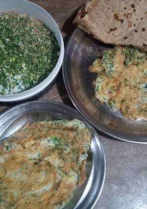 A picture of Hara lehsan wala omelette & ghar ki roti😋.