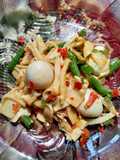 Quails eggs with bamboo shoots stir fried (oseng-oseng rebung)