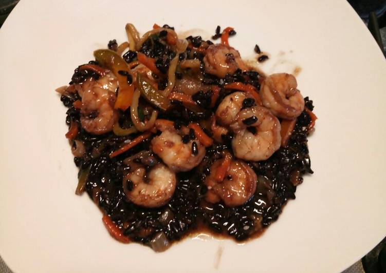 How to Make Perfect Stir fried mixed veg with black rice and prawns