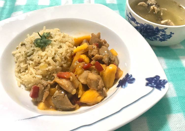 Easiest Way to Make Any-night-of-the-week Mango chicken stir fry with flavoured rice and soup