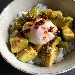 A picture of Avocado Rice Bowl with Garlic Sesame Sauce.