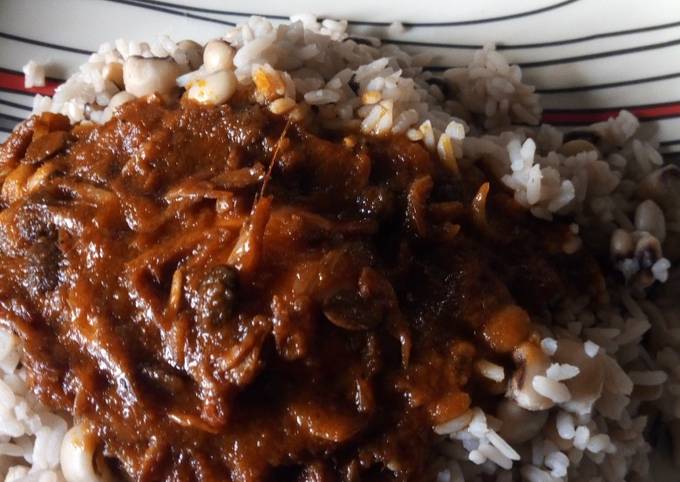 Rice and beans withCrayfish iru stew