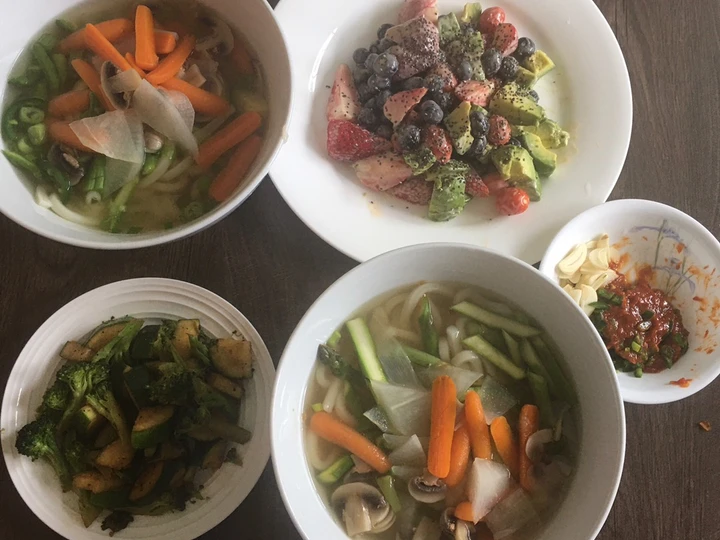 Easy Ways Prepare Recipes Udon noodle soup w/ side dishes of zucchini &amp;amp; fruit the Perfect Tasty.