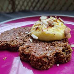 A picture of Coffee cake with custard pudding.