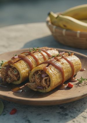 A picture of Stuffed Plantain with Goat and Tamarind Glaze.