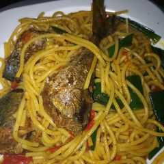 Spaghetti with smoked fish A picture of Spaghetti with smoked fish.
