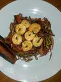 Wok de verduras y salteado de langostinos