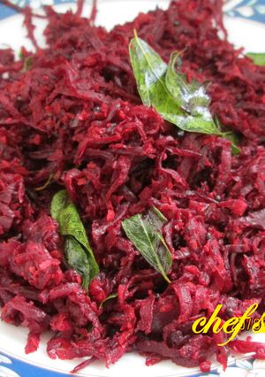 A picture of Beet root poriyal.