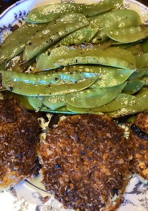 A picture of California Farm Eggplant and Snowpeas in Bacon.