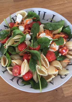 A picture of Feta, tomato, spinach pasta salad.