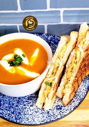 A picture of Restaurant Style Classic Tomato Soup and Grilled Cheese Sandwich.