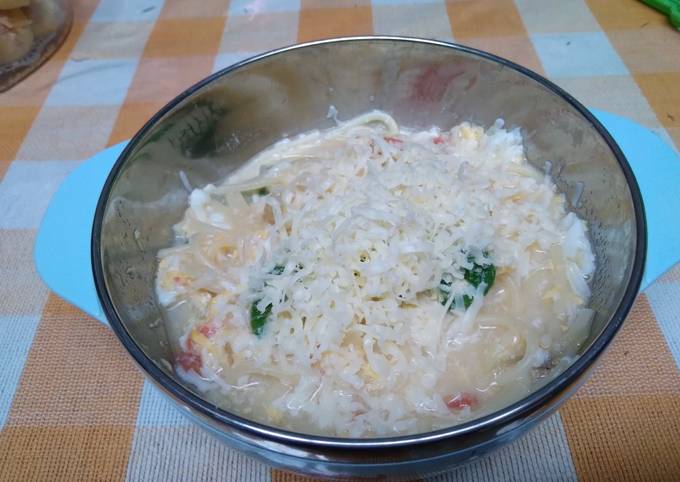 Spaghetti telur bayam (mpasi 1+)