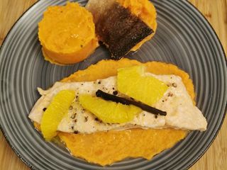 Papillote de saumon vanille orange et purée de patate douce