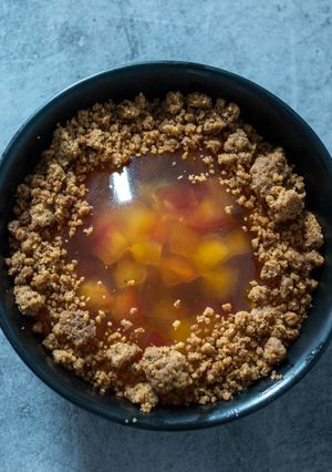 A picture of Neufchâtel Cream, Caramelized Apples, Cider Jelly, and Buckwheat Crumble (Inspired by Ambroise).