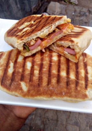A picture of Grilled chicken panini sandwich.