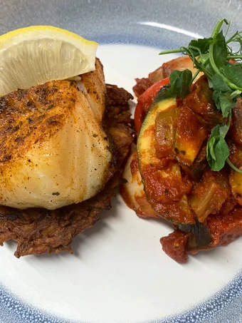 Easy Steps Prepare Recipes Harissa cod on a rosti served with ratatouille the Can Spoil the Tongue Can Pamper Your Tongue.