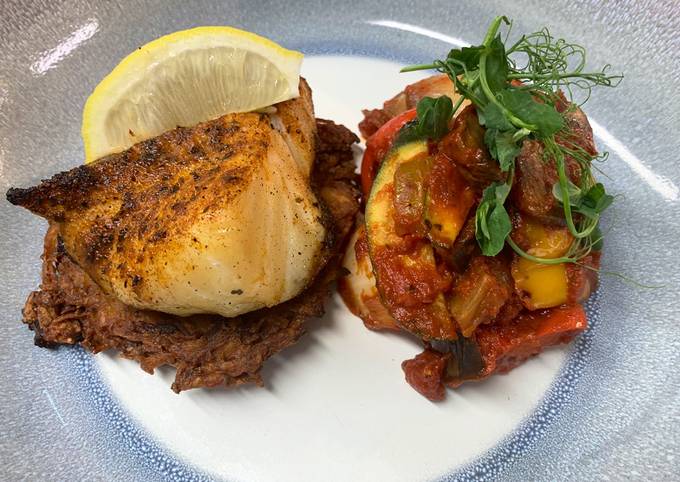 Harissa cod on a rosti served with ratatouille